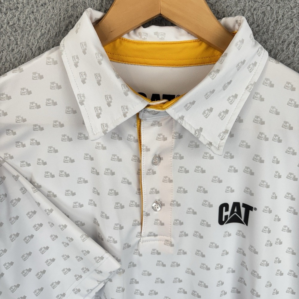 Cat Caterpillar Tractors Polo Shirt Mens Medium White All Over Print Bulldozer